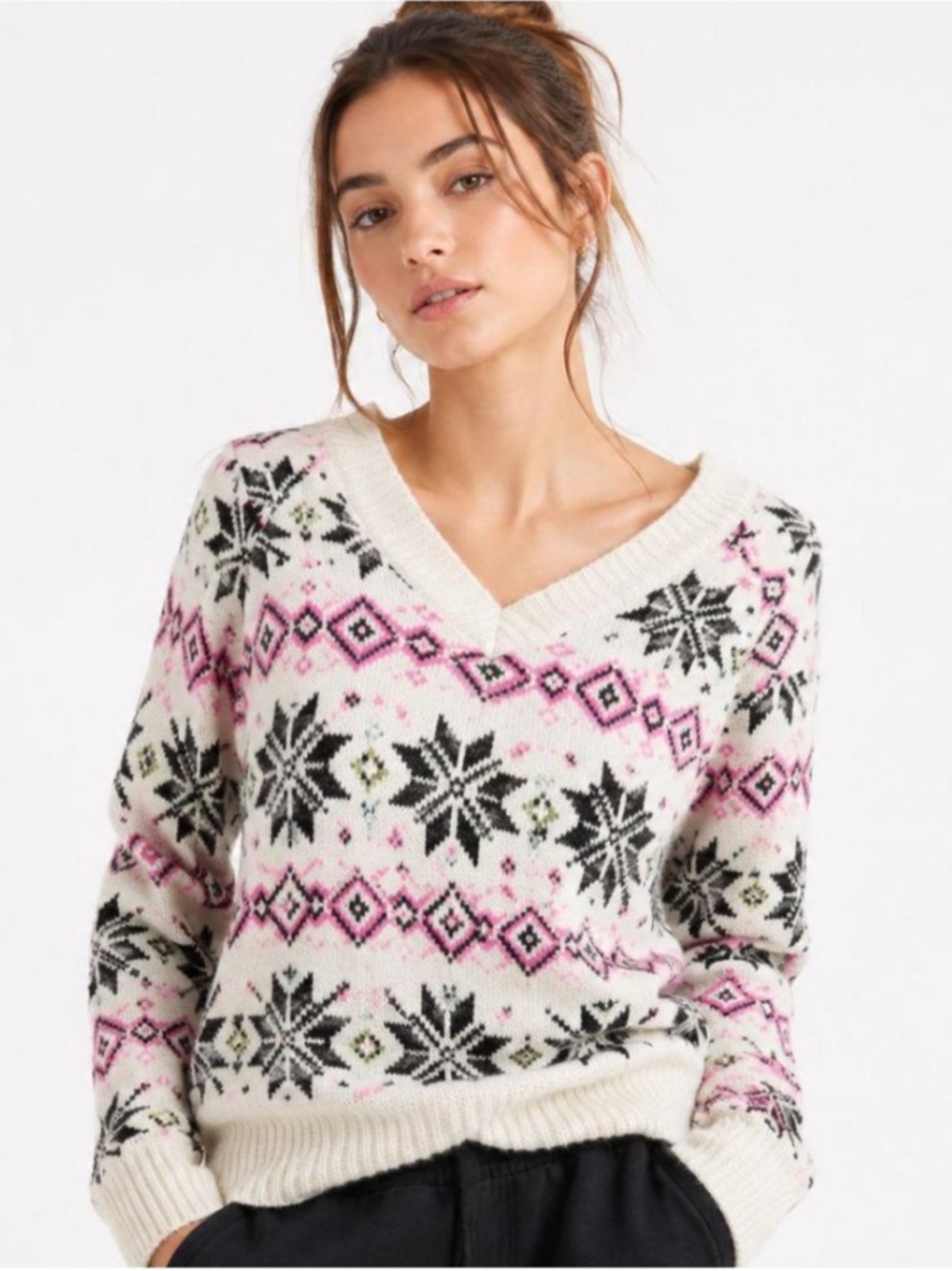 PINK Victoria’s Secret Fair Isle Snowflake Reversible V Neck Sweater